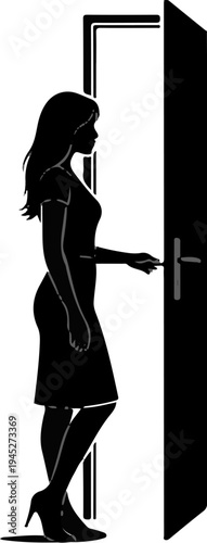 Silhouette of a woman in a dress opening a door