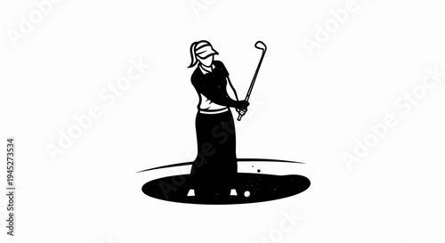 Silhouette of female golfer swinging club near a sand trap
