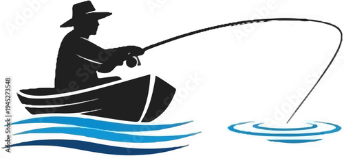 Silhouette of person in boat fishing with bent rod and water ripples