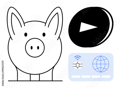 Financial savings, digital banking, media streaming, online transactions, global connectivity, fintech. Piggy bank, play button digital card with chip and globe symbols. Financial savings