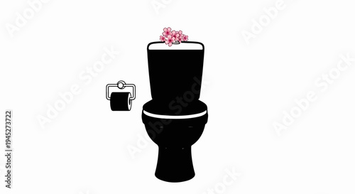 Silhouette of a black toilet with a roll of toilet paper and pink blossoms