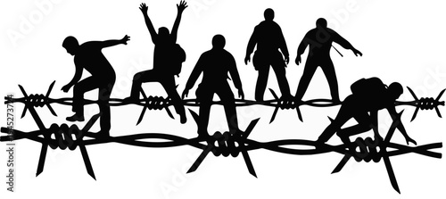 Silhouettes of people climbing and struggling over barbed wire