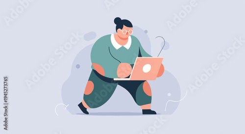 Stylized character with glasses intently working on a laptop