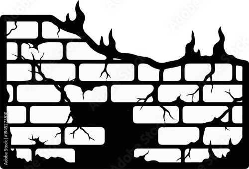 Silhouette of a cracked brick wall with branches and abstract flame shapes