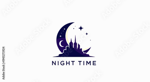 Silhouette of a city skyline against a crescent moon and stars