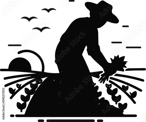 Silhouette of a farmer harvesting crops at sunrise, with birds flying