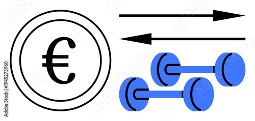 Currency exchange, fitness, economic flow, healthy lifestyle, trade, mobility. A euro sign within a coin, directional arrows blue dumbbells. Currency exchange and fitness conceptualized visually
