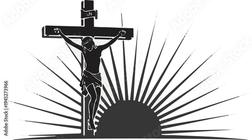 Silhouette of a crucified figure against a radiant sunburst