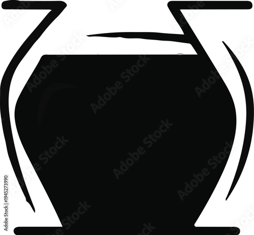 Simple black silhouette of a round-bottomed vessel with stylized handles