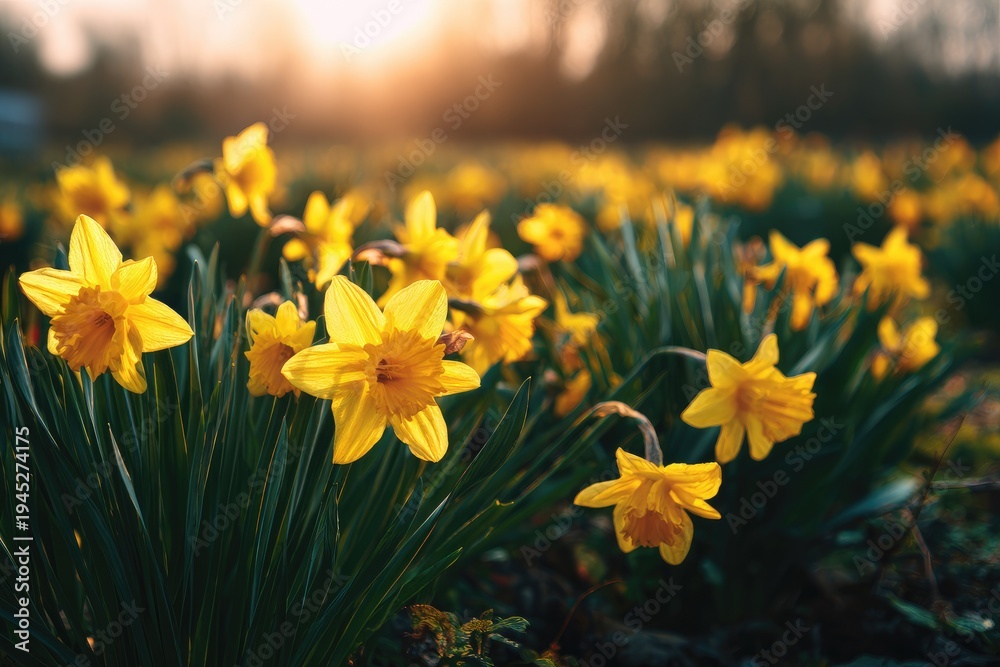 Obraz premium Golden spring daffodils bathed in warm, ethereal sunlight