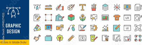 A collection of graphic design icons and editable strokes, showcasing creative tools and concepts for visual creation