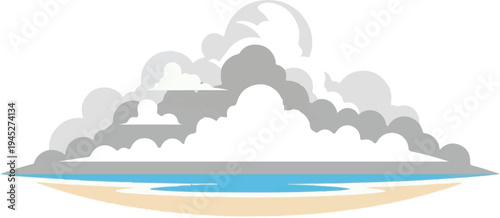 Stylized clouds over a beach and ocean scene with blue water