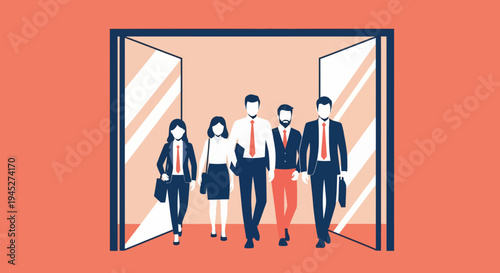 Business professionals enter meeting room for data analysis discussion