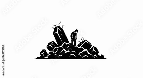 Silhouette of a lone figure standing amidst jagged rocks under a barren sky