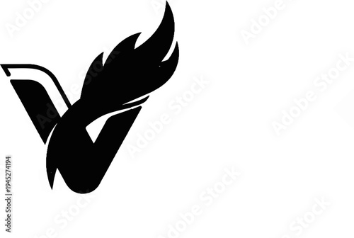Stylized black emblem with a V-shape and a flame-like element