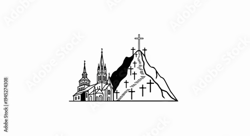 Stylized depiction of a church with spires and a mountain with crosses on its slope