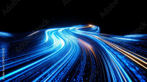 abstract background with blue glowing light lines in the shape of a road on a black backdrop. 