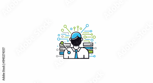 stylized depiction of a person connected to network servers and circuits