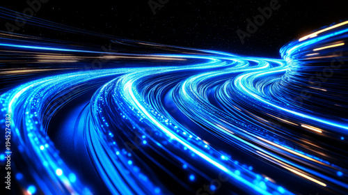abstract background with blue glowing light lines in the shape of a road on a black backdrop. 
