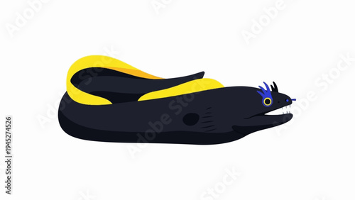Stylized black moray eel with yellow highlights and blue crown