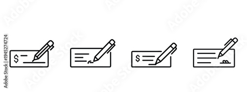 Bank check with pen signature outline icon featuring financial payment document, dollar money transaction, business guarantee agreement more vector illustration or editable stroke.