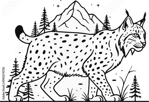 Spotted wild cat walks near stylized mountain, trees, and stars