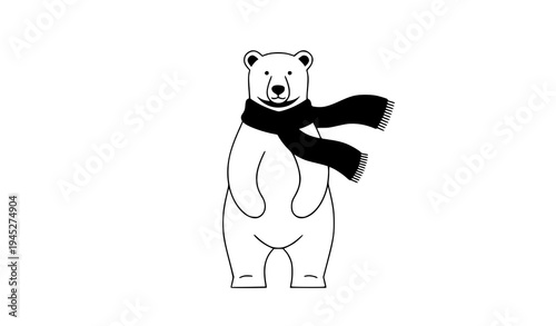 Standing polar bear with long winter muffler scarf minimalist animal vector illustration isolated on white background