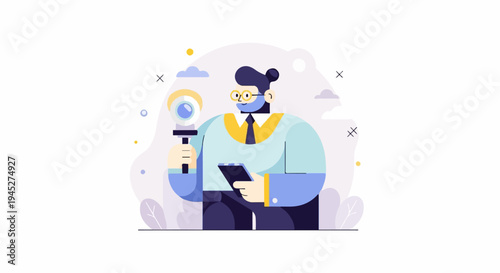 Stylized man with magnifying glass and tablet, searching