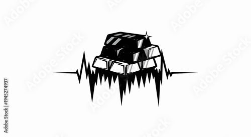 Stack of shiny gold bars resting on a sharp, jagged electrocardiogram line