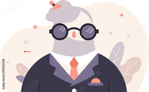 Stylized figure in a suit with round glasses and a peachy tie