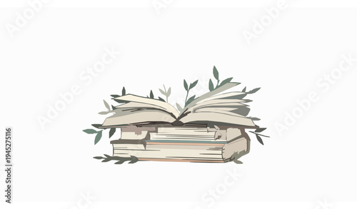 Open book with floral decorated book stack botanical reading concept vector illustration isolated on white background