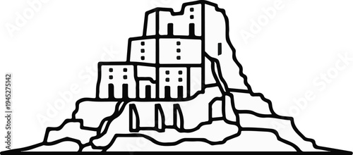 Stylized illustration of a tiered structure built into a rocky mountainside