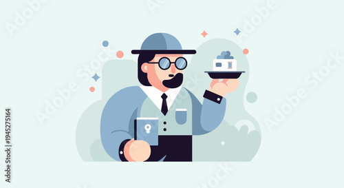 Stylized figure in hat and glasses presents a small house on a tray