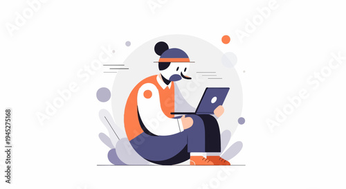 Stylized person with bun, mask, and vest uses laptop