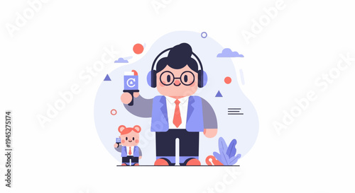 Two cartoon figures, one large, one small, both reporters with microphones and headphones