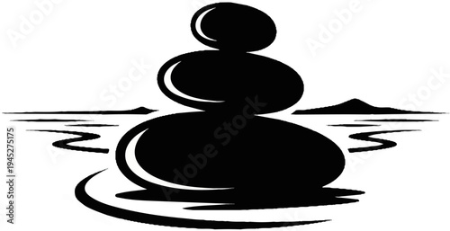 Stacked pebbles balance on water with distant islands and ripples