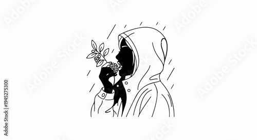 Silhouette of a person in a hooded jacket eating berries in the rain