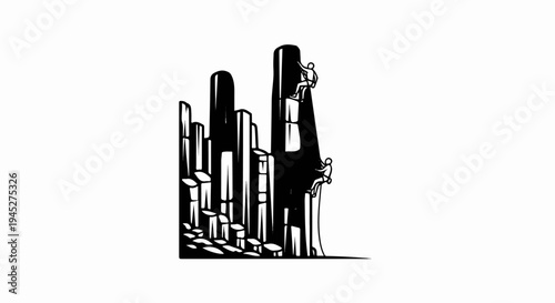 Two climbers scale a dramatic rock formation of jagged peaks