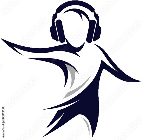 Stylized figure wearing headphones, arms outstretched, dynamic movement