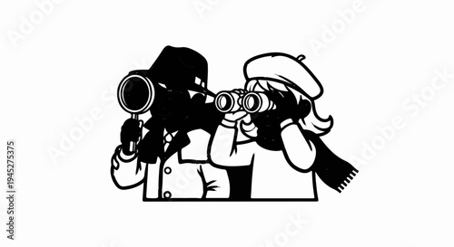 Two cartoon figures, one looking through binoculars, the other with a magnifying glass