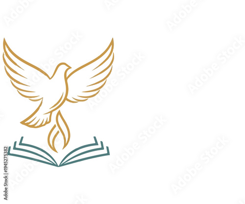 Stylized dove with wings spread above an open book