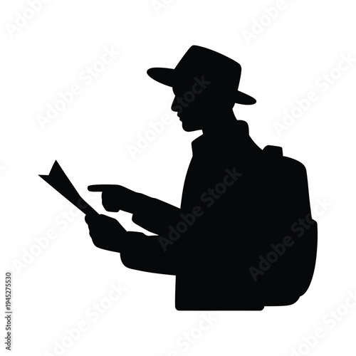 Silhouette of a man in a hat pointing and holding paper