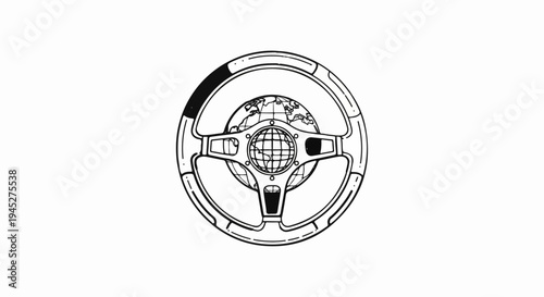 Steering wheel with globe at center, symbolizing global travel and driving