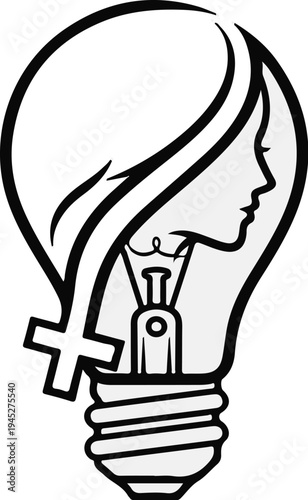 Stylized lightbulb with female profile and symbol, representing ideas and gender