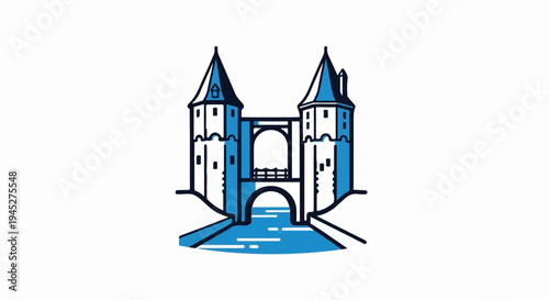 Stylized drawing of a fortified bridge with two towers over a river