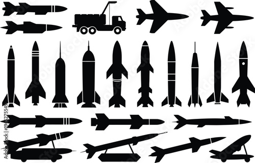 Missile icons silhouette set, black symbols of rocket launchers cruise missiles aerospace gear and tactical defense technology for military themed vector design.
