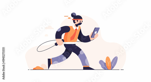 Stylized figure with jump rope and phone running in abstract environment