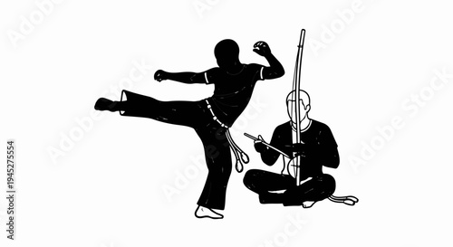 Two figures engaged in martial arts and music, one kicking