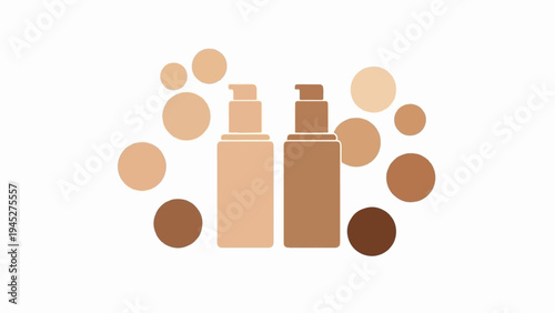 Two foundation bottles with scattered circles of various skin tones