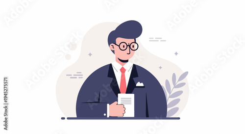 Stylized businessman in suit with glasses and tie, holding a document